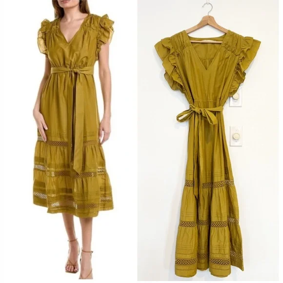 Marie Oliver || Juliet Silk-Blend Belted Ruffle Midi Dress in Green Large - Picture 1 of 10
